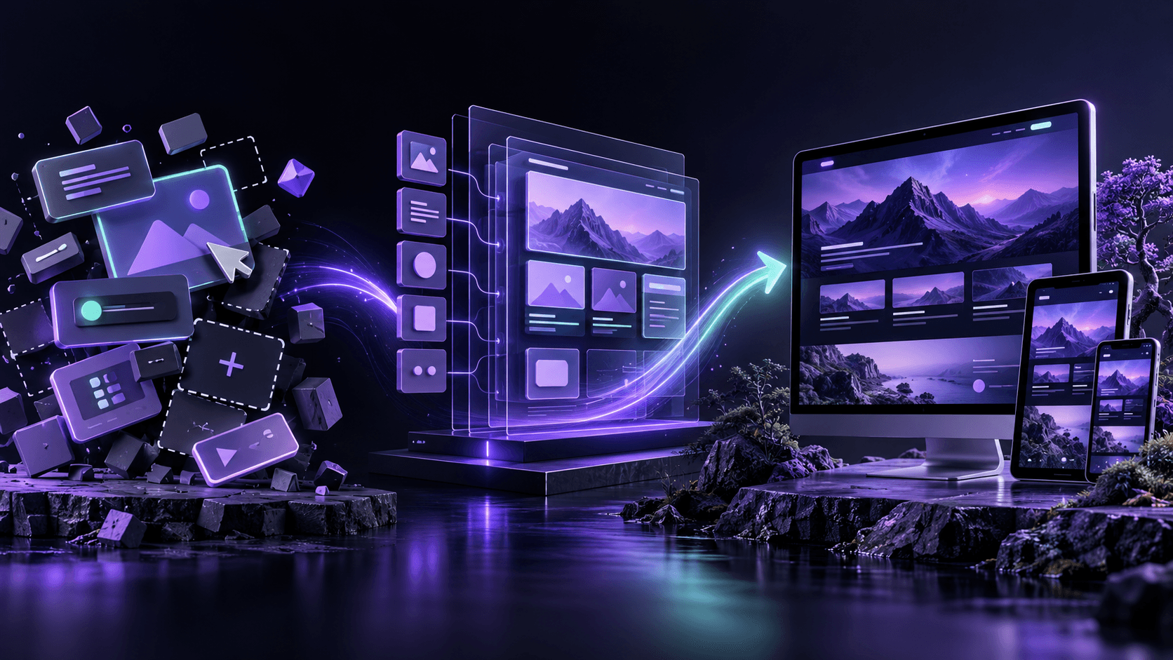 Abstract modular website design system transitioning into a polished custom site