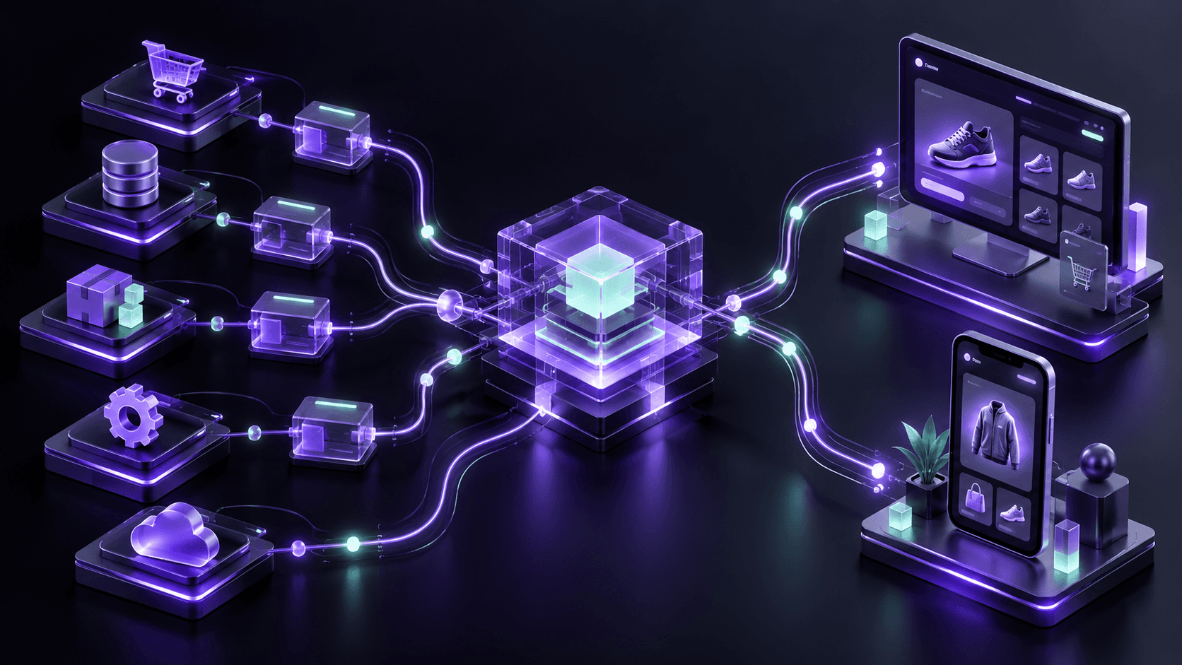 Abstract hybrid commerce system with modular components connected through integration paths
