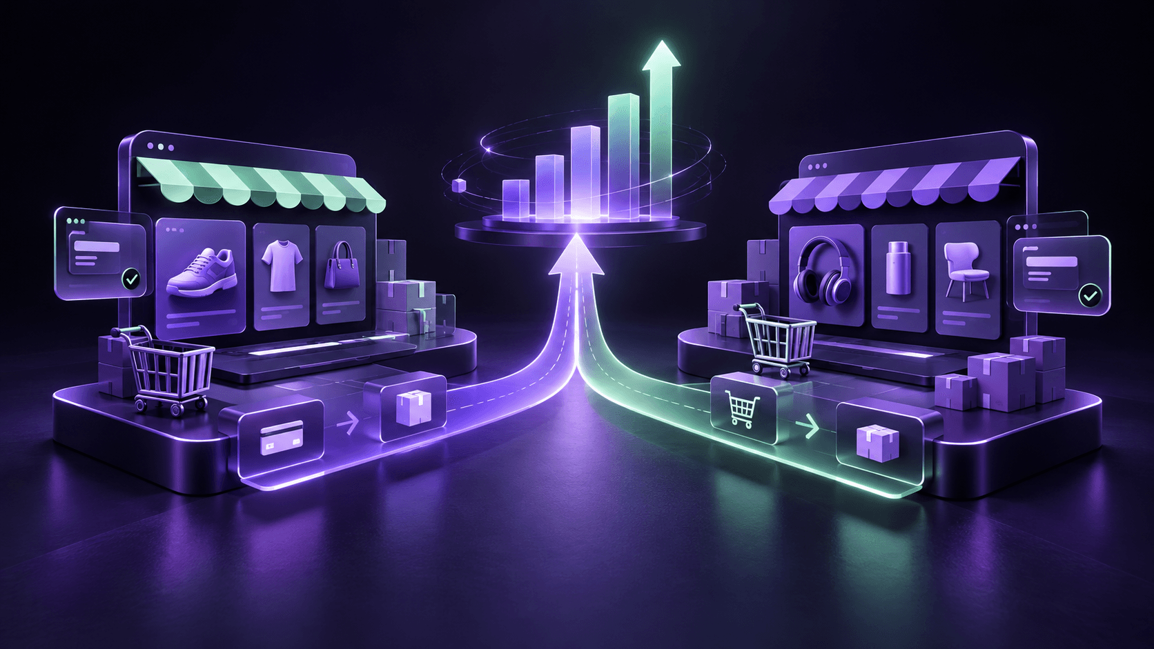 Abstract ecommerce platform decision with connected storefront and checkout paths