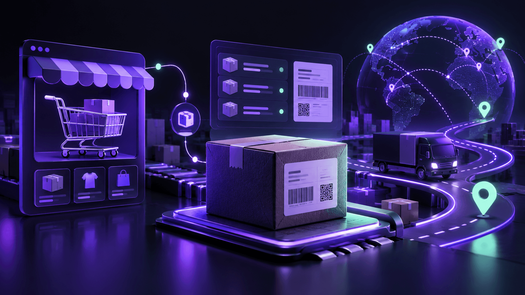 Abstract courier booking workflow with ecommerce packages, shipment labels, and tracking routes