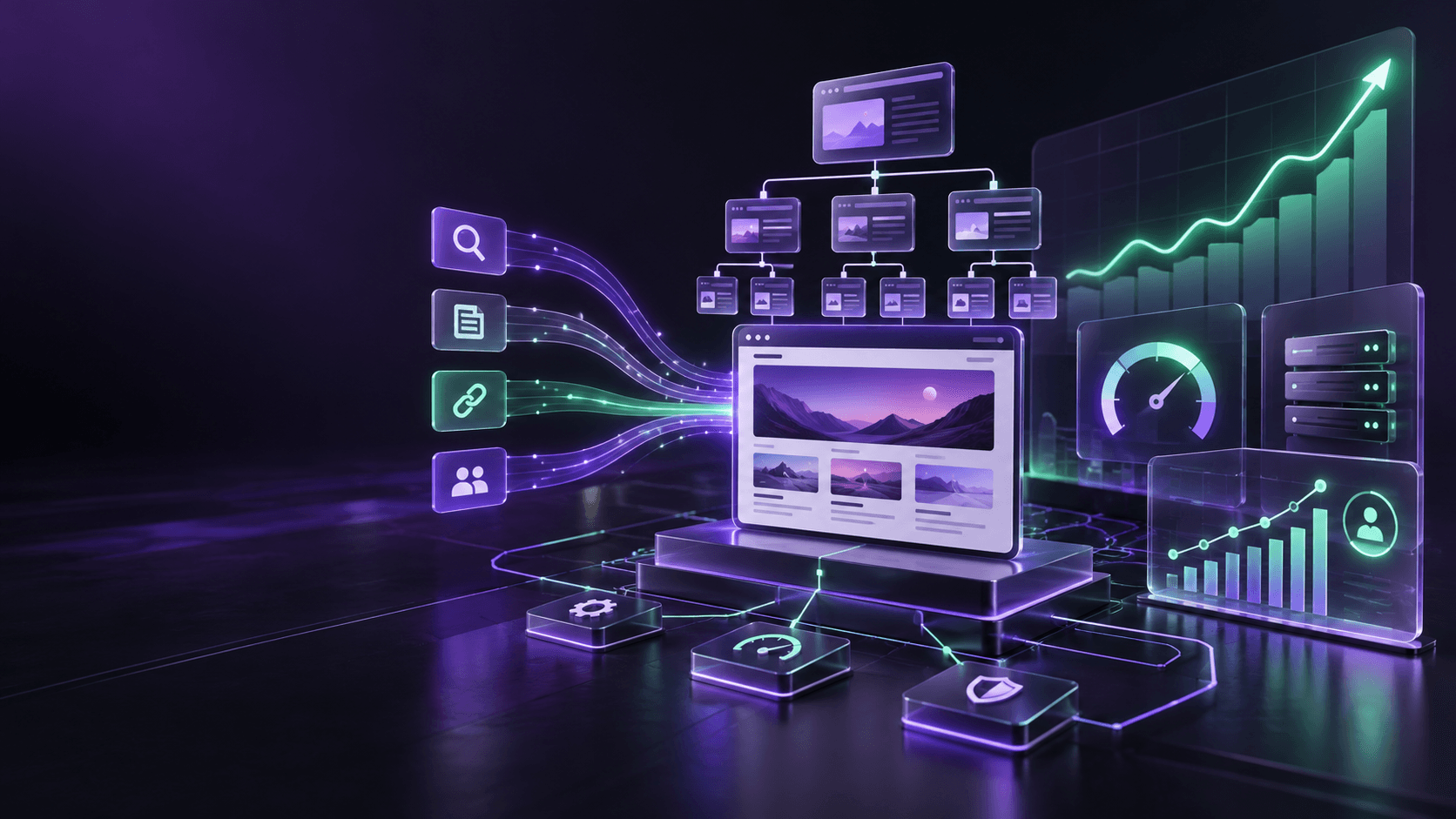 WordPress website architecture connected to search discovery, performance metrics, and organic growth signals