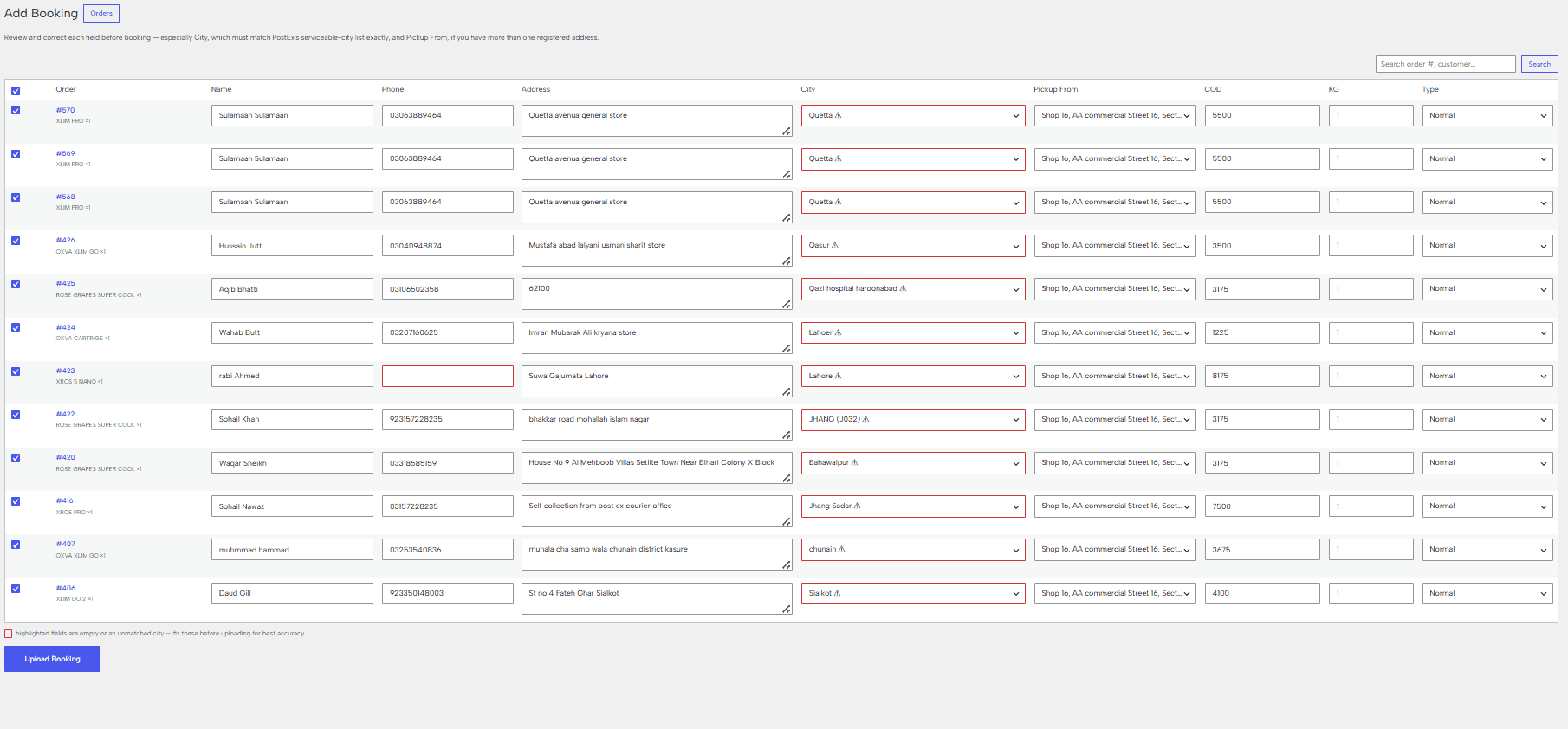 Bulk PostEx booking review grid with editable customer, address, city, pickup, COD, weight, and shipment-type fields