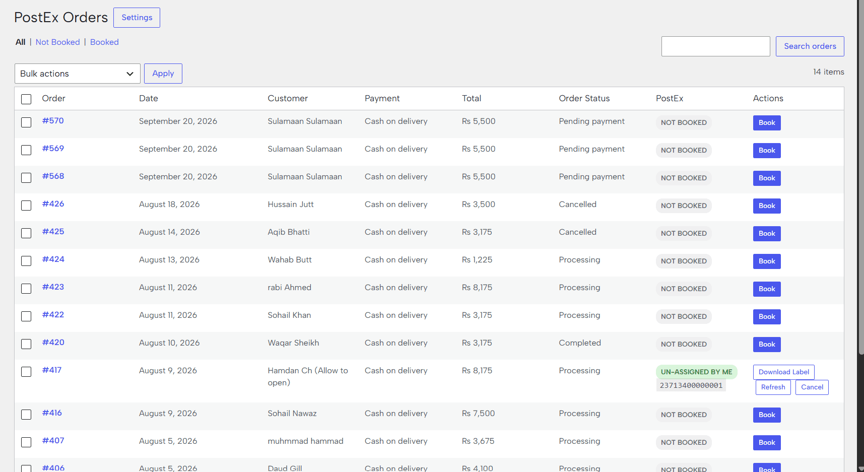 PostEx Orders dashboard showing WooCommerce orders, booking states, and actions to book, download labels, refresh, or cancel